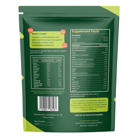 Youthful Roots Sulforaphane Gummies – Brain, Immune & Detox Support – Strawberry Flavour – Vegan, Gluten-Free – 90 Gummies