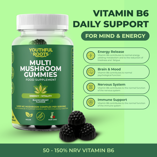 Youthful Roots Multi Mushroom Gummies with Vitamin B6 – Energy & Vitality Support – Vegan, Sugar-Free – 60 Gummies