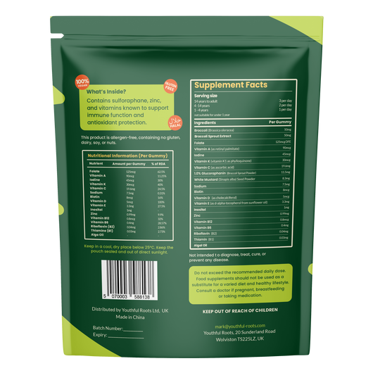 Youthful Roots Sulforaphane Gummies – Brain, Immune & Detox Support – Strawberry Flavour – Vegan, Gluten-Free – 90 Gummies