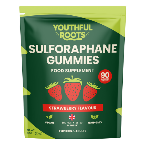 Youthful Roots Sulforaphane Gummies – Brain, Immune & Detox Support – Strawberry Flavour – Vegan, Gluten-Free – 90 Gummies