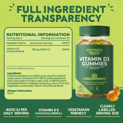Youthful Roots Vitamin D3 Gummies | 4000 IU | 60 Vegan Gummies | Peach Flavour