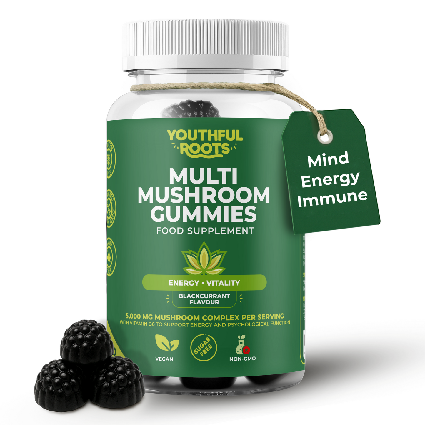 Youthful Roots Multi Mushroom Gummies with Vitamin B6 – Energy & Vitality Support – Vegan, Sugar-Free – 60 Gummies
